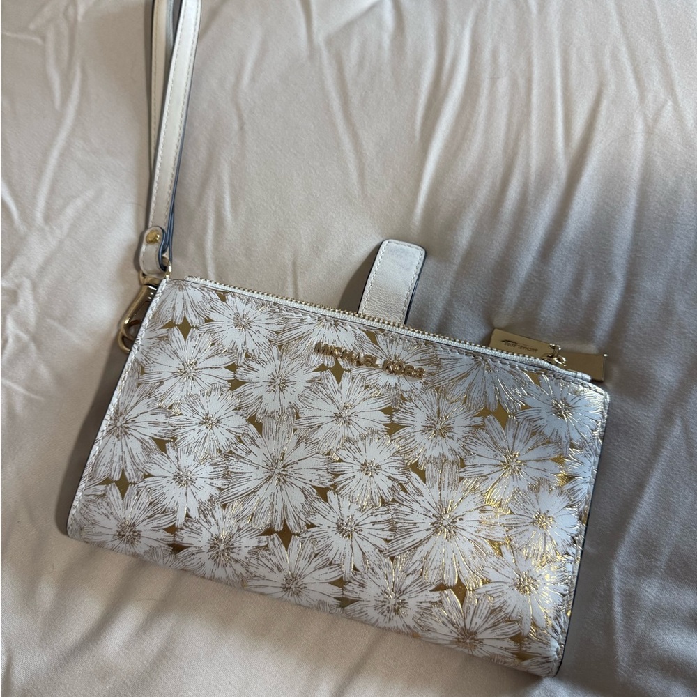 Michael Kors Gold and White Floral Wristlet